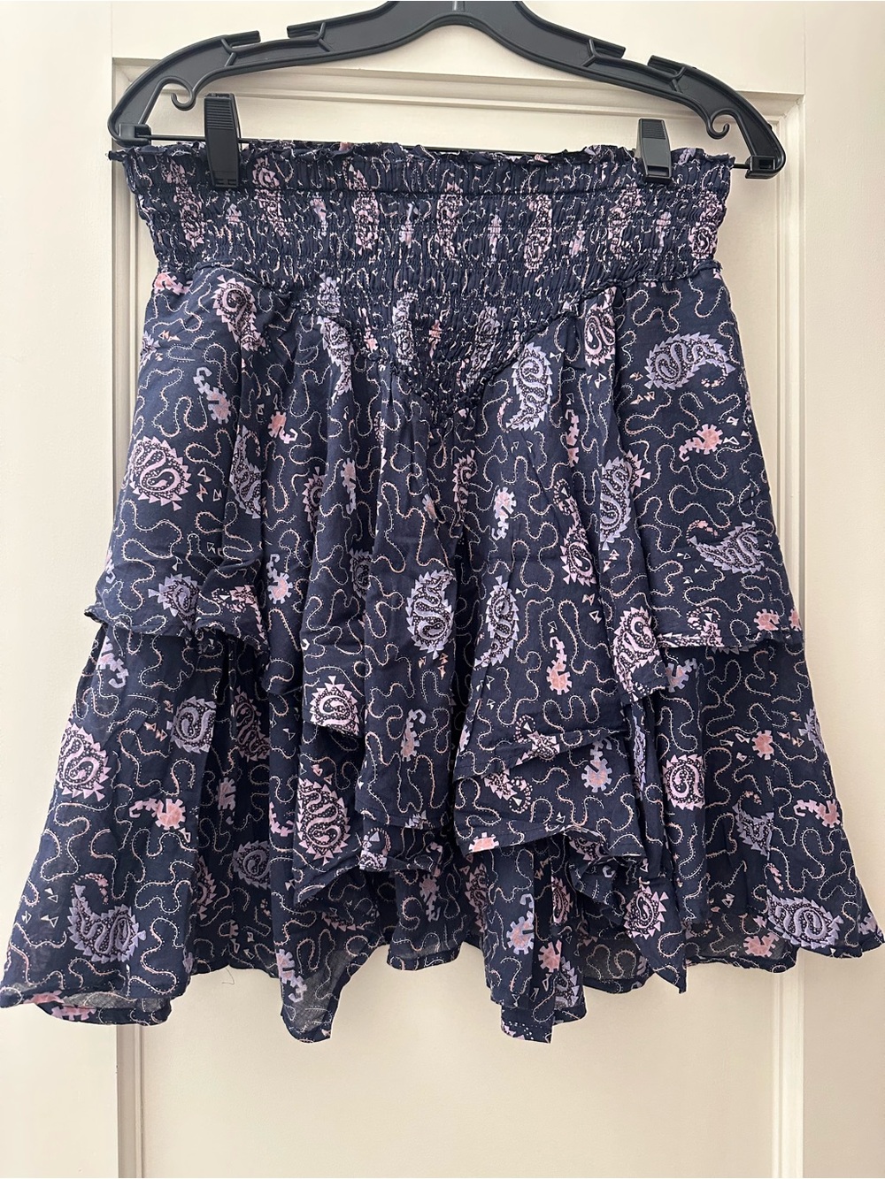 Isabel Marant Voile Navy Tiered Mini Skirt with Pink Print